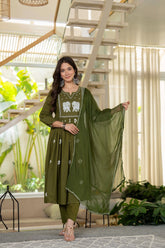 Green Cotton Embroidered Kurti Pant And Dupatta Set